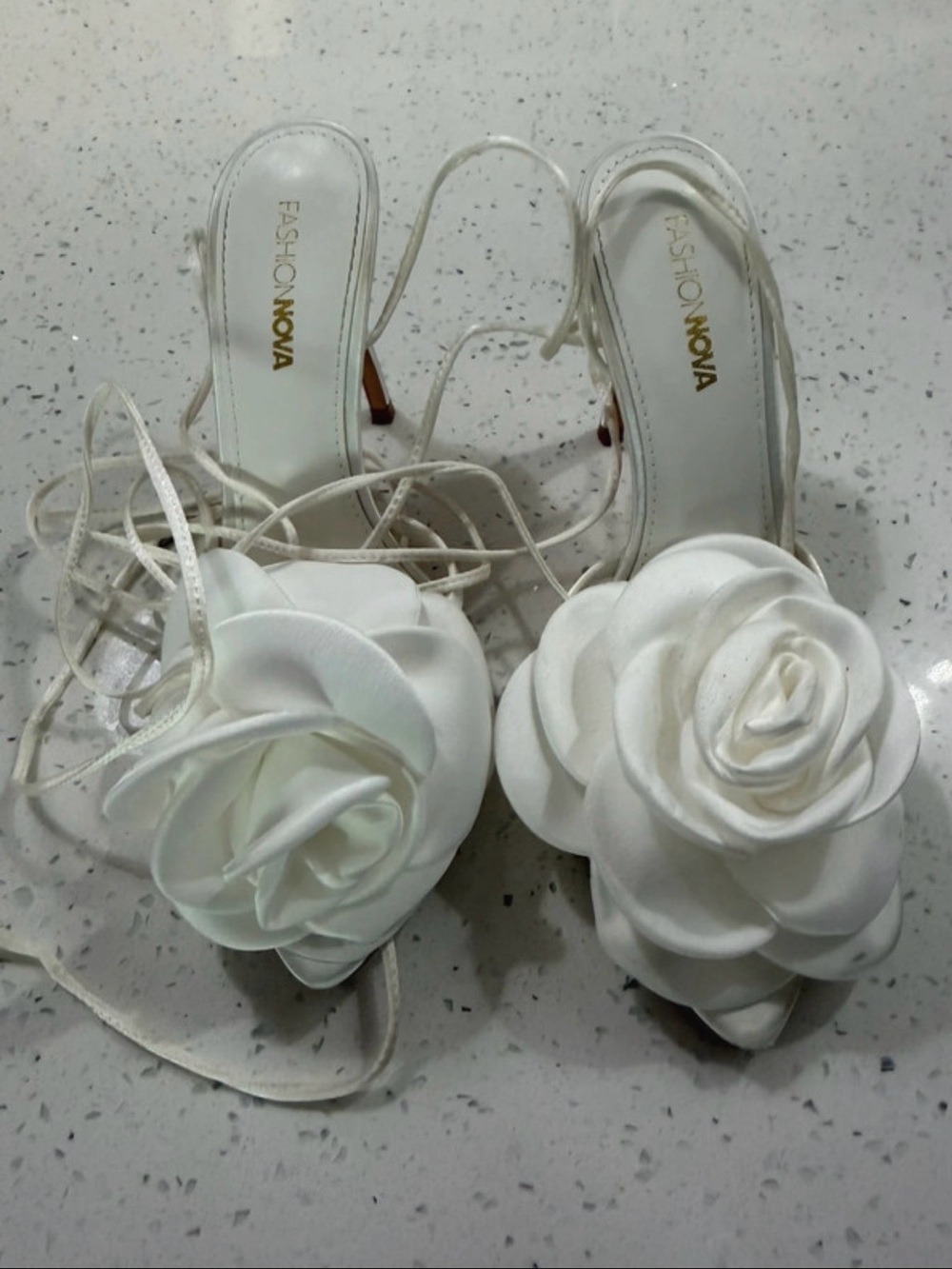 Fashion Nova White Rose Appliqué Lace-Up Heels